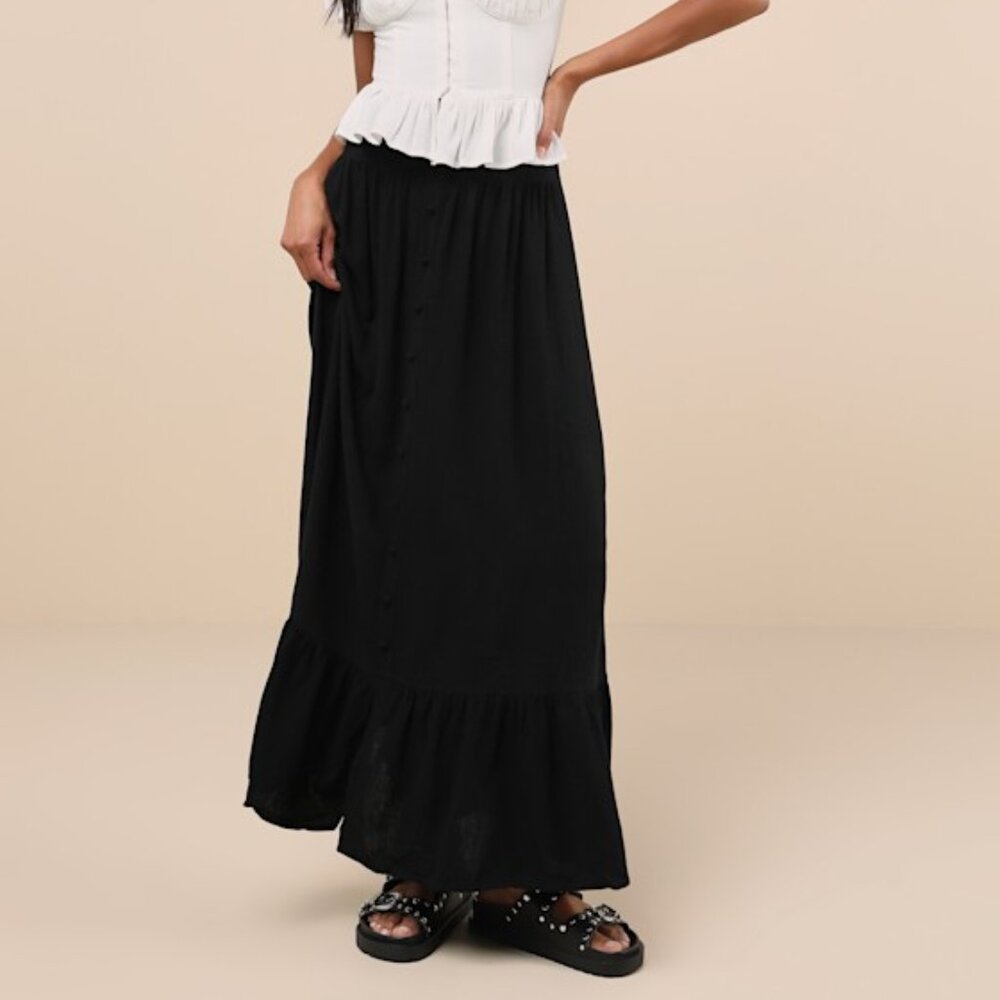 Lulus Exceptional Cuteness Black Linen Button-front Midi Skirt - Size XL